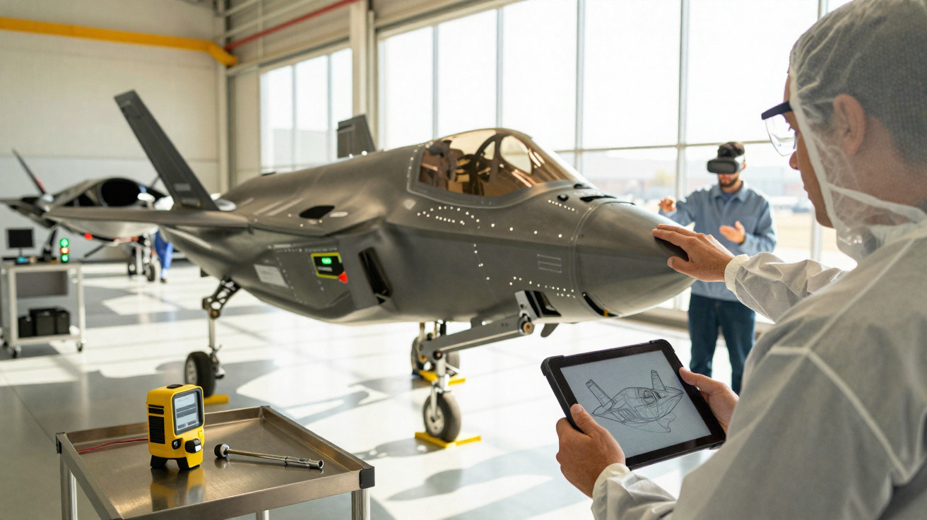 Tecnólogo com tablet analisa jato militar cinzento numa oficina enquanto outro usa realidade virtual.