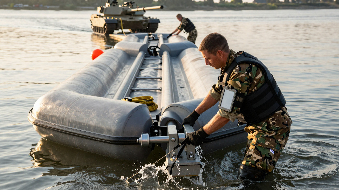 Soldados em uniformes camuflados preparam um bote insuflável numa zona alagada com um tanque ao fundo.
