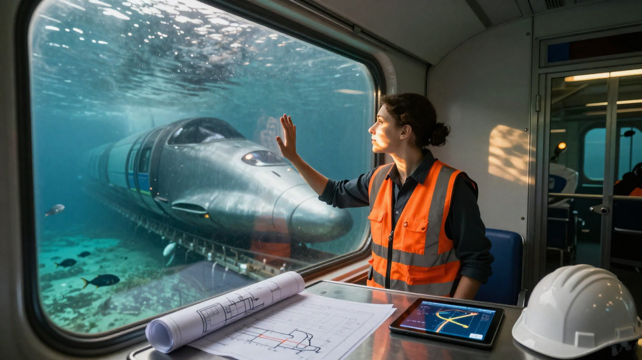 Mulher com colete refletor observa submarino futurista através de vidro, com plantas e capacete na mesa.