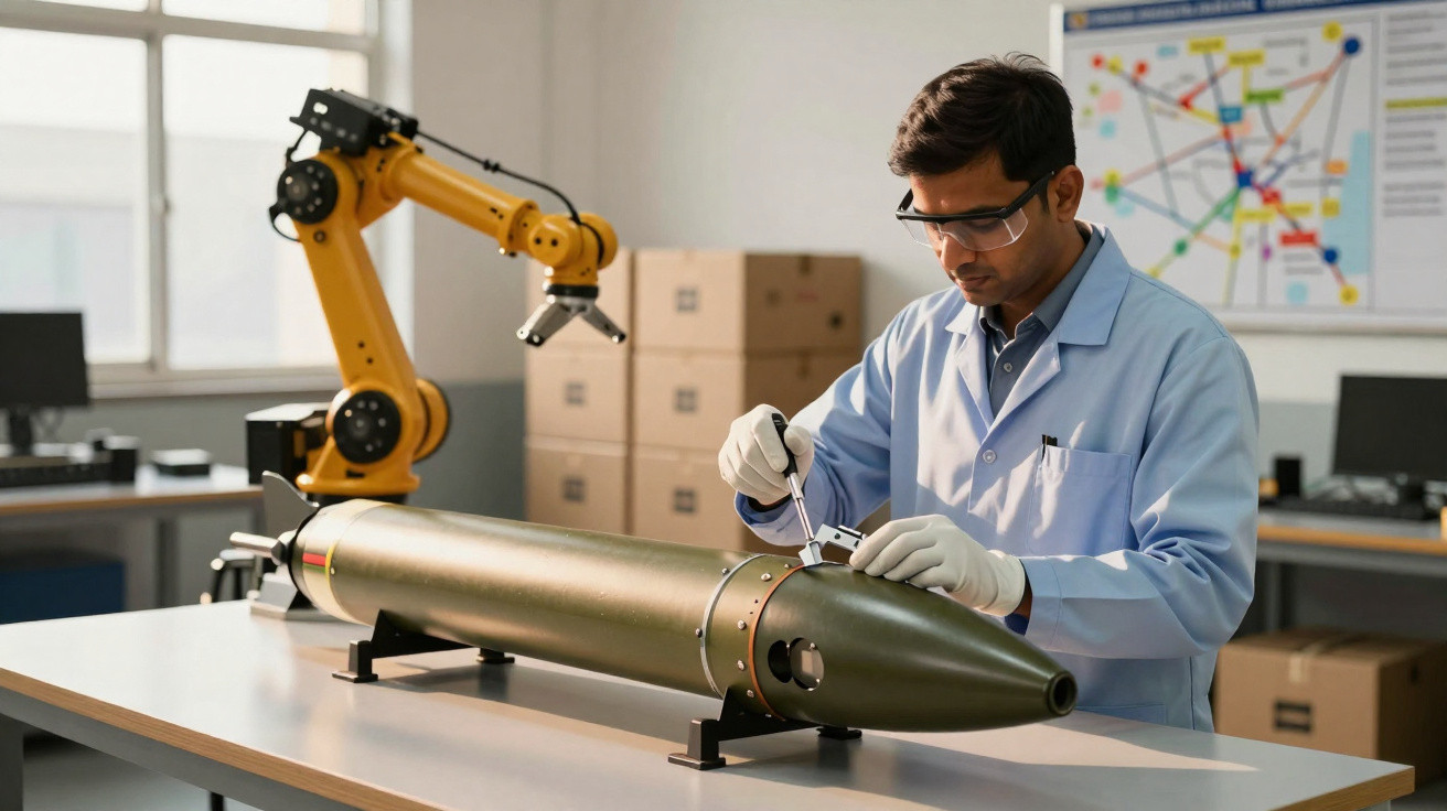 Engenheiro em laboratório a inspecionar uma peça metálica longa com um braço robótico ao lado.