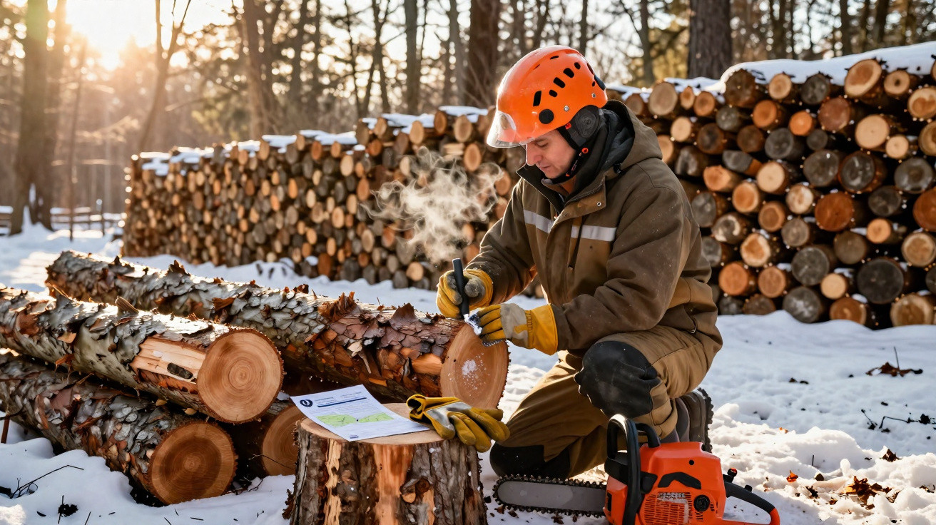 Homem com capacete laranja a inspecionar tronco cortado na floresta coberta de neve ao amanhecer.