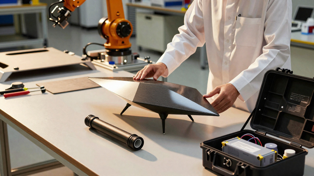 Pessoa a manusear equipamento tecnológico para investigação em laboratório com braço robótico ao fundo.