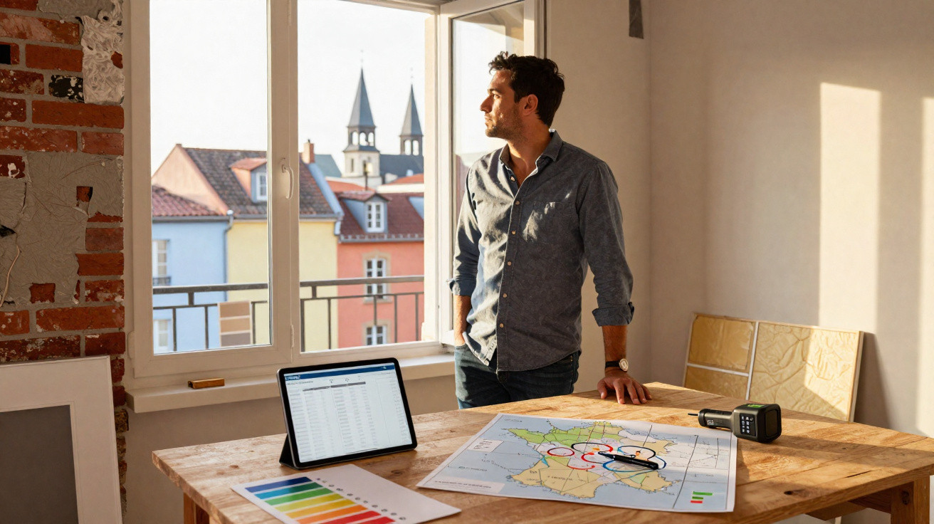Homem numa sala iluminada observa janela com vista para edifícios, ao lado mesa com mapa, tablet e gráficos.