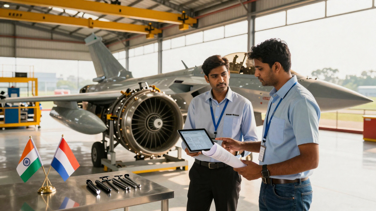 Dois engenheiros indianos em discussão técnica junto a um jato de combate numa oficina aeronáutica.