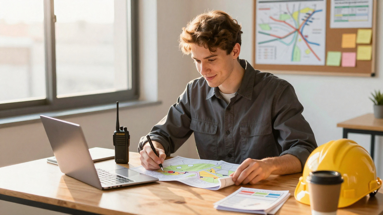 Jovem engenheiro a trabalhar num mapa com portátil, rádio e capacete de segurança sobre a mesa.