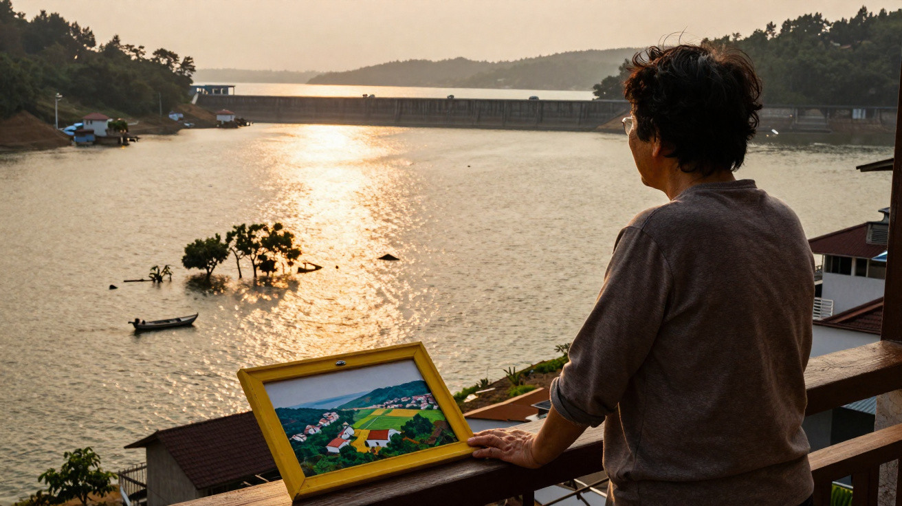 Pessoa de costas observa o pôr do sol refletido num lago com uma pintura apoiada no corrimão.