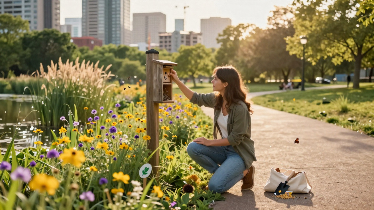 Mulher numa zona verde urbana a cuidar de uma caixa para insetos entre flores coloridas ao pôr do sol.