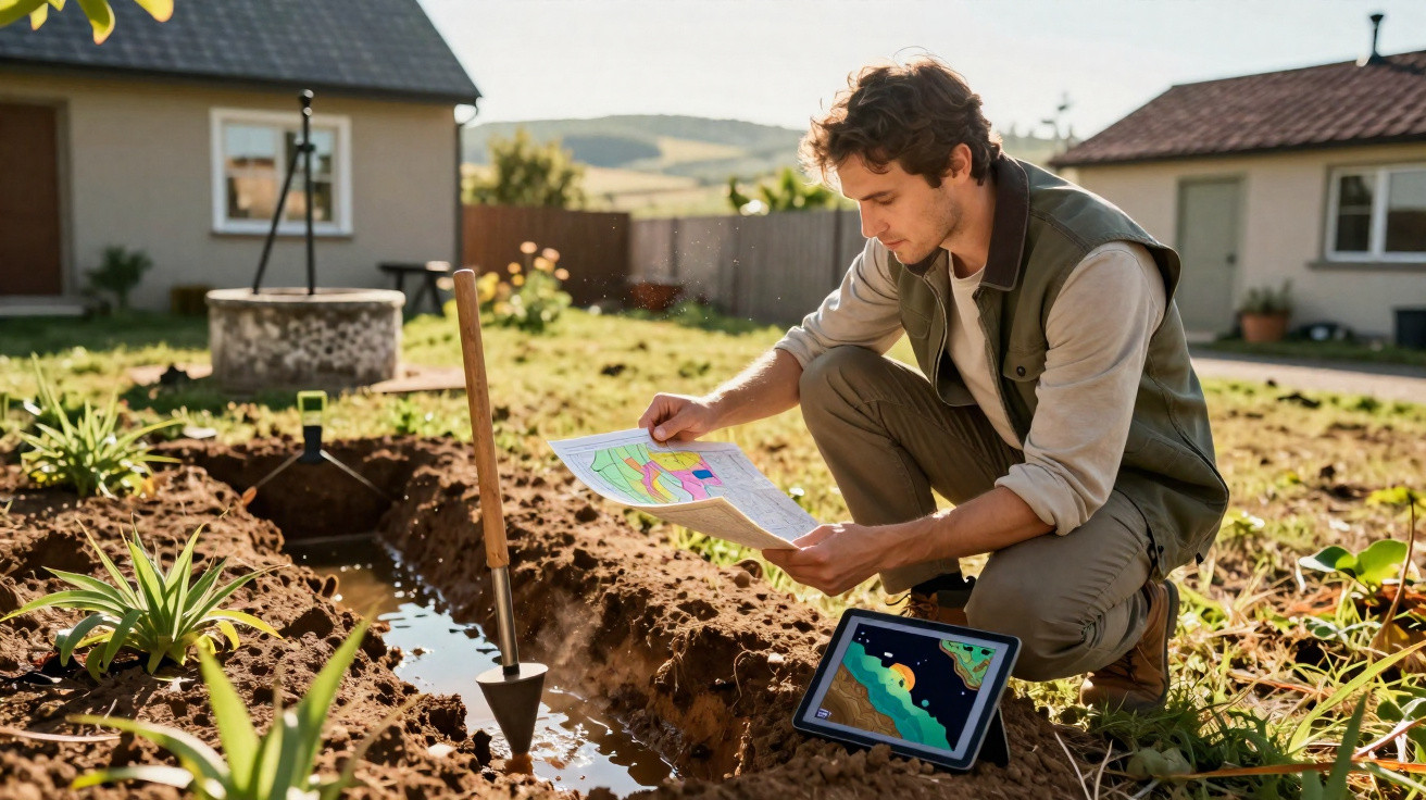 Homem a consultar planta de jardim junto a canaleta de água com tablet num jardim residencial.