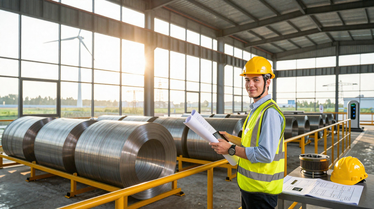Engenheiro com capacete e colete a consultar planta em fábrica com rolos de metal atrás.