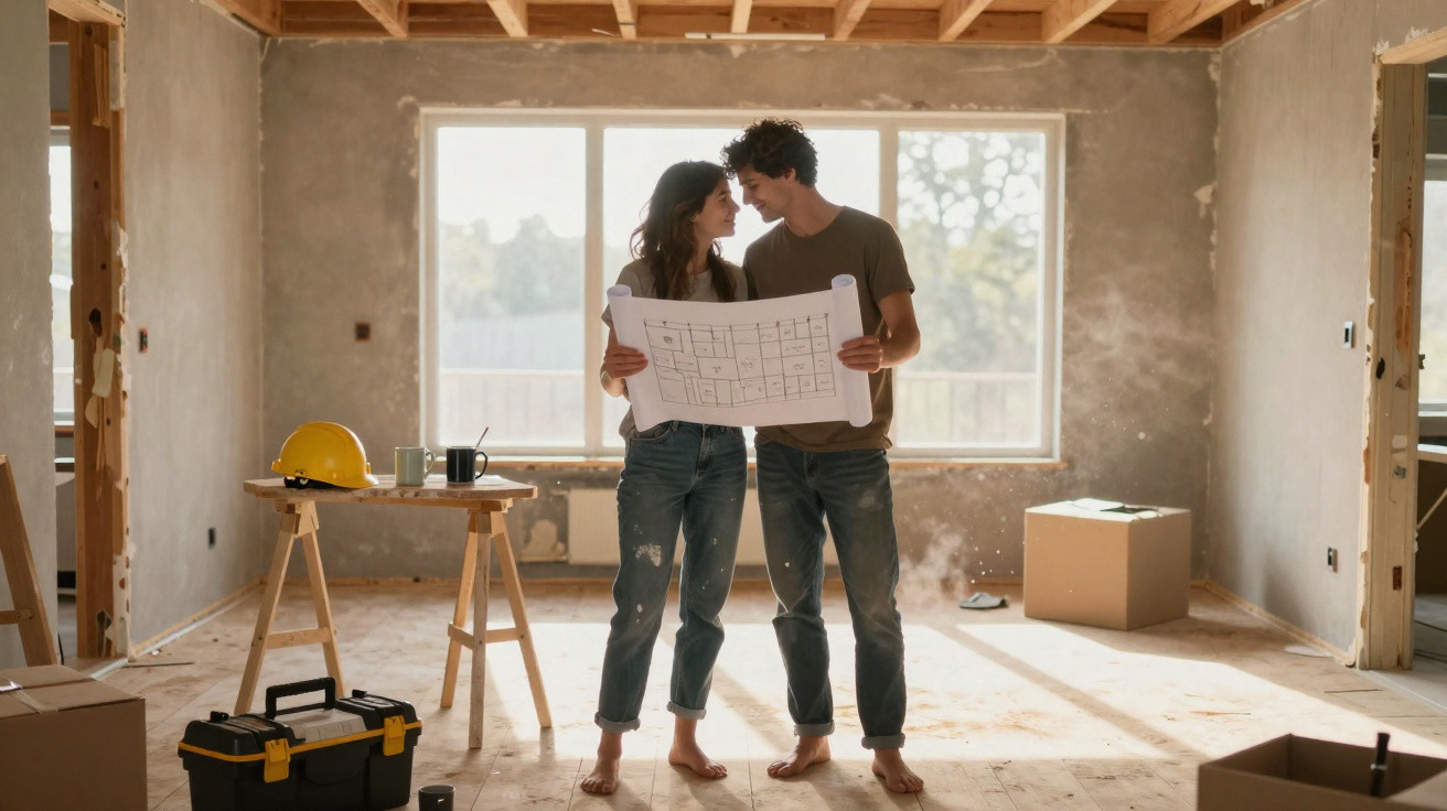 Casal jovem a sorrir enquanto olha planta de construção numa divisão em obras com ferramentas e caixas.