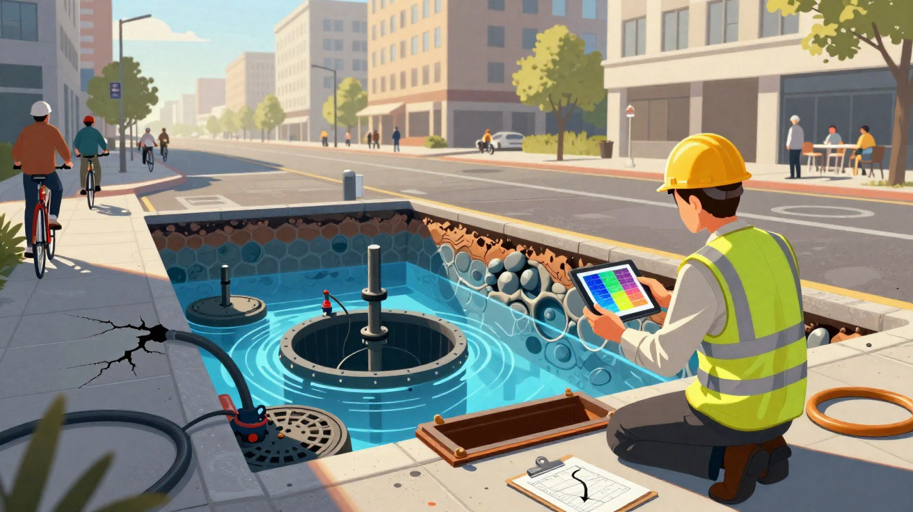 Técnico de obras com capacete a operar dispositivo junto a sistema de drenagem urbana numa rua da cidade.