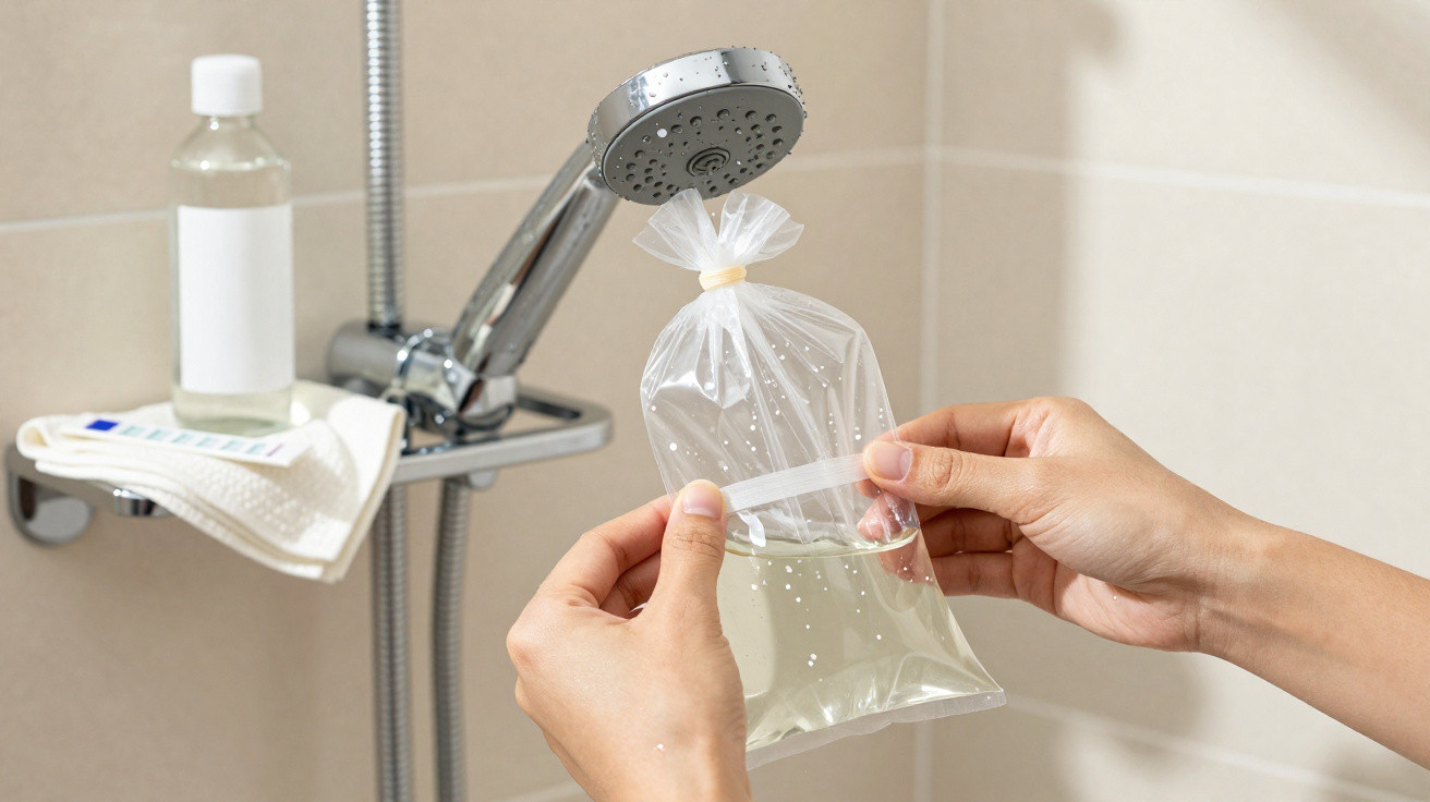 Mãos seguram saco plástico com líquido transparente preso à cabeça de duche numa casa de banho.