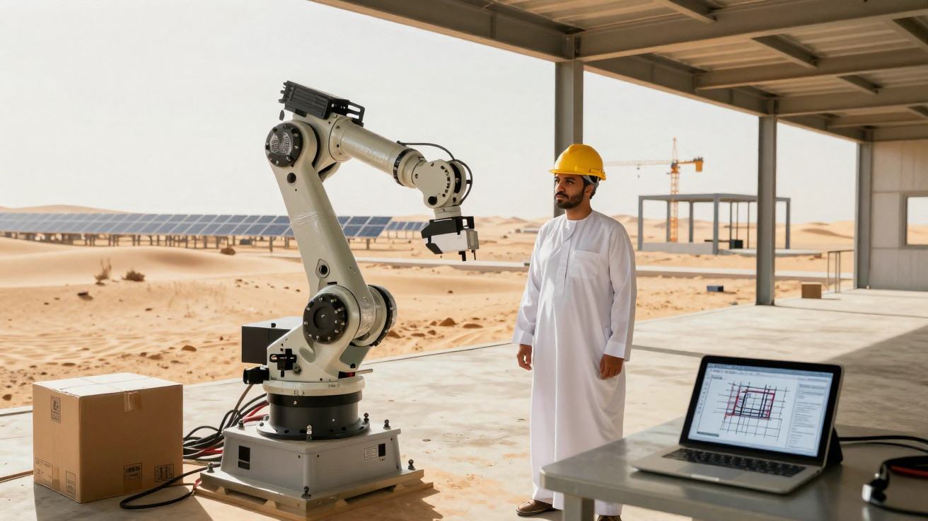 Engenheiro árabe com capacete amarelo observa braço robótico num ambiente industrial no deserto.