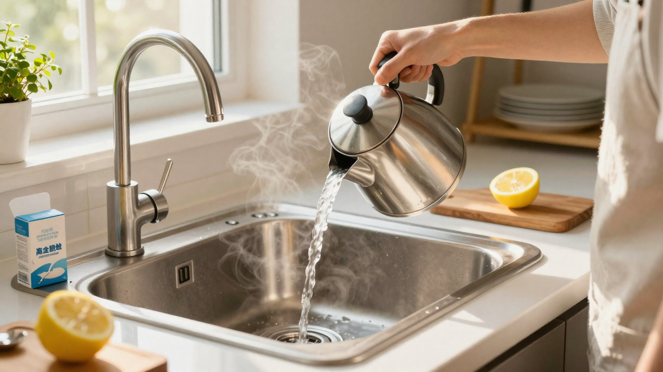 Mão a verter água quente fumegante de chaleira de inox numa pia de cozinha moderna com limão e planta.