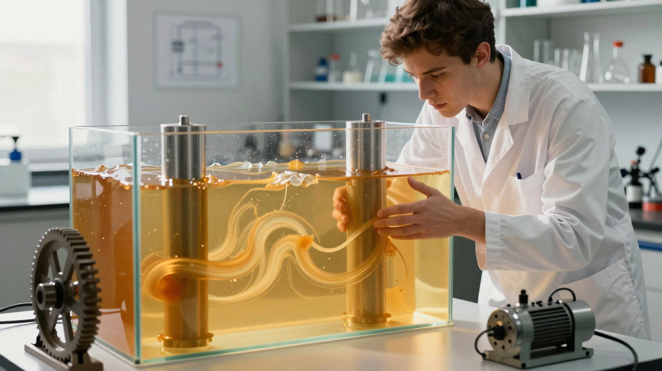 Jovem cientista em laboratório observa experiência em tanque com fluido e correntes de fluxo visíveis.