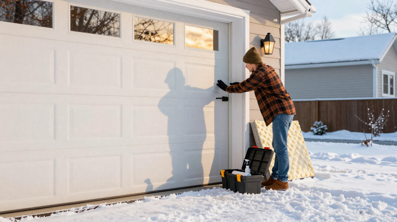 Homem de gorro e luvas a tentar abrir a porta de garagem coberta de neve com caixa de ferramentas ao lado.