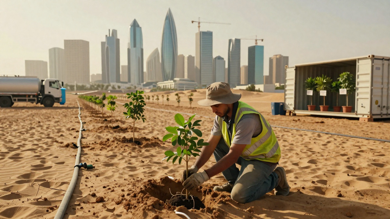Homem a plantar árvore no deserto com uma cidade moderna ao fundo e rega automática instalada.