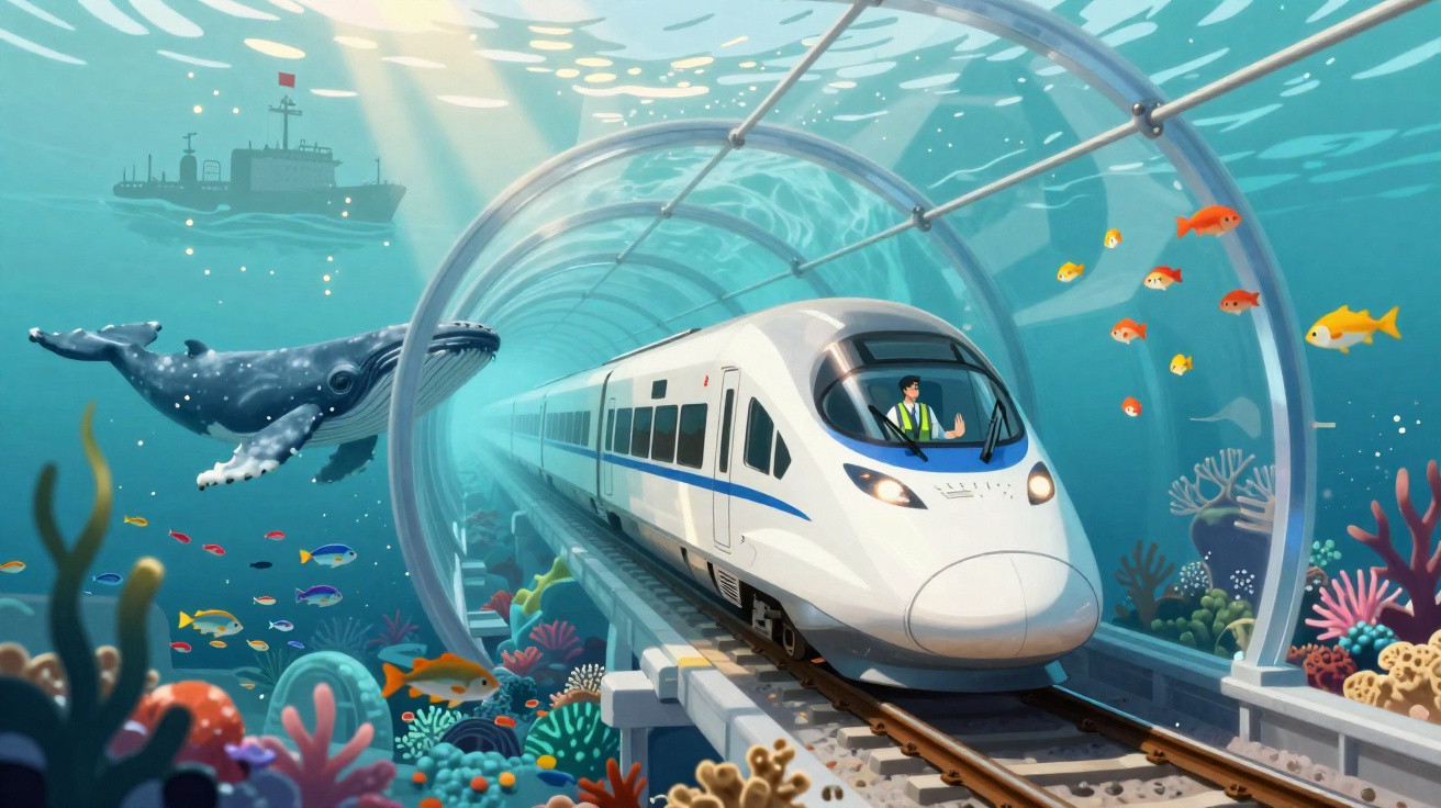Comboio moderno a circular num túnel submarino com peixes, corais e uma baleia no oceano.