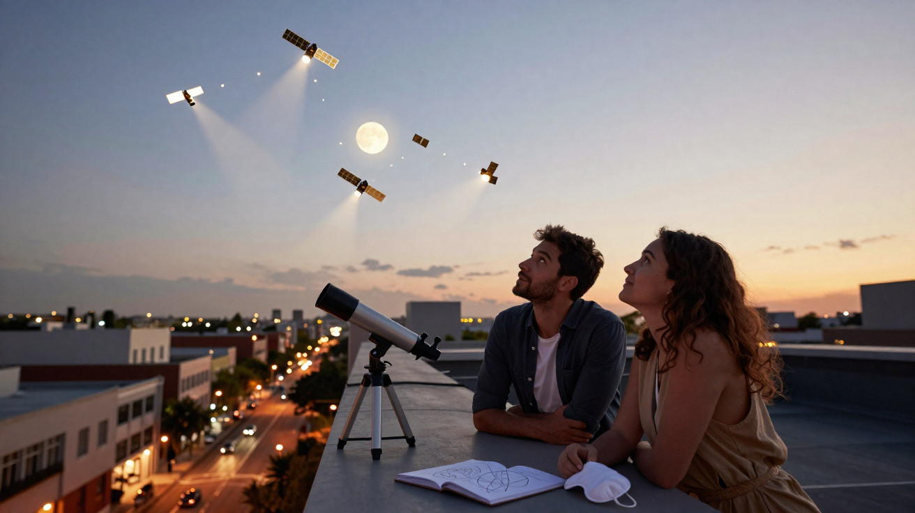 Casal observa satélites iluminados no céu ao pôr do sol, com telescópio e caderno numa varanda urbana.