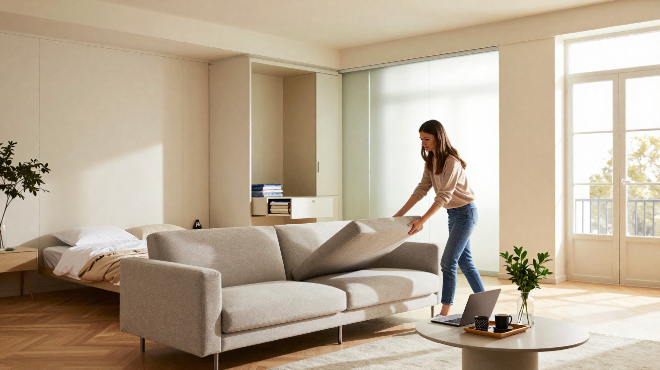 Mulher transforma sofá na cama numa sala moderna e luminosa com móveis neutros e varanda.
