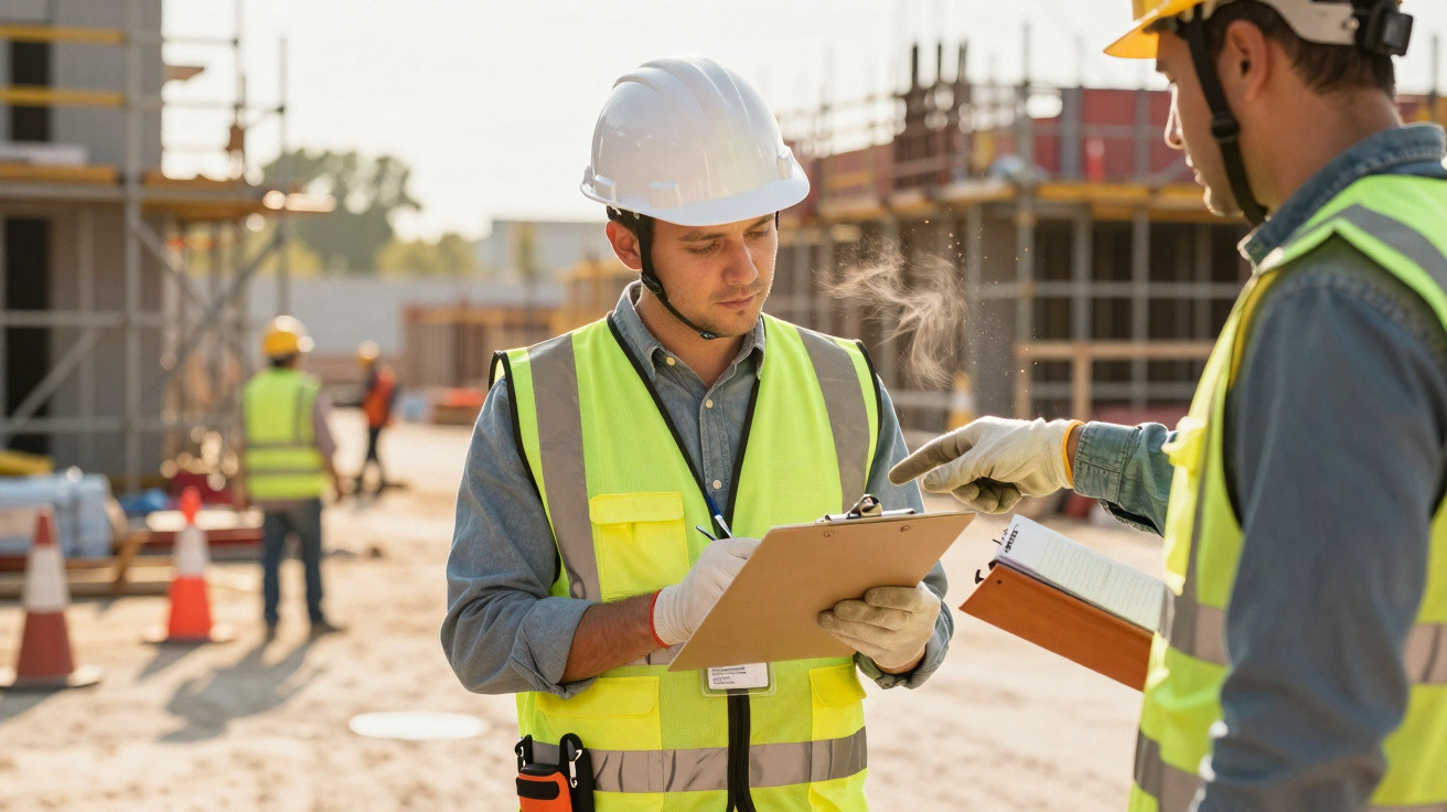 Dois operários de construção em coletes refletivos e capacetes revisam documentos num estaleiro ao ar livre.