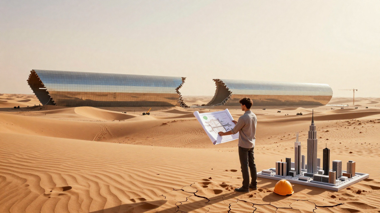 Homem a analisar planta em deserto com modelo de edifícios e estruturas metálicas refletoras ao fundo.