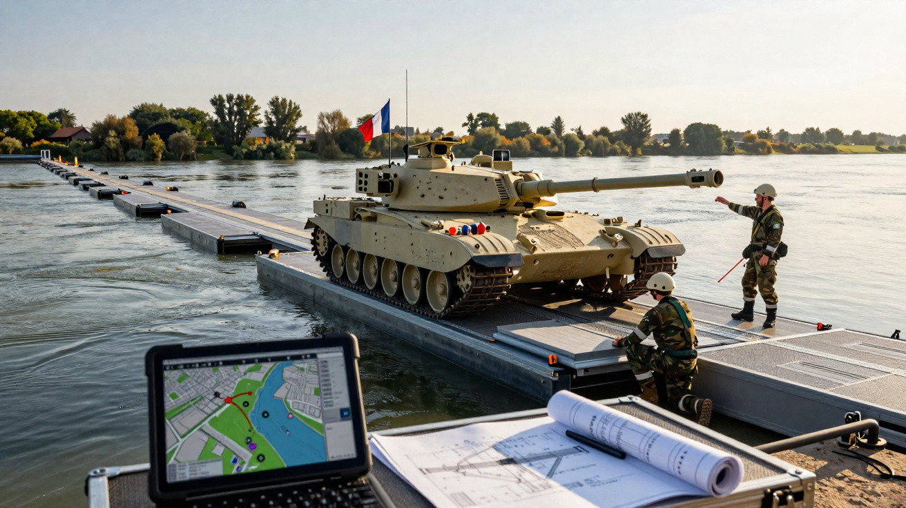 Tanque militar atravessa ponte flutuante sobre rio com apoio de soldados e mapas de navegação.