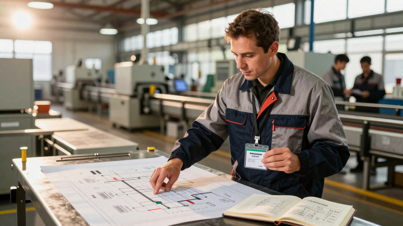 Homem em fato de trabalho analisa planos técnicos numa fábrica com caderno aberto ao lado.