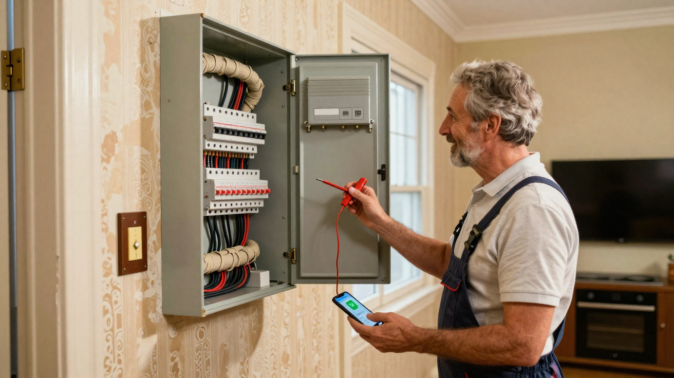 Homem a verificar quadro elétrico com um multímetro numa cozinha tradicional.