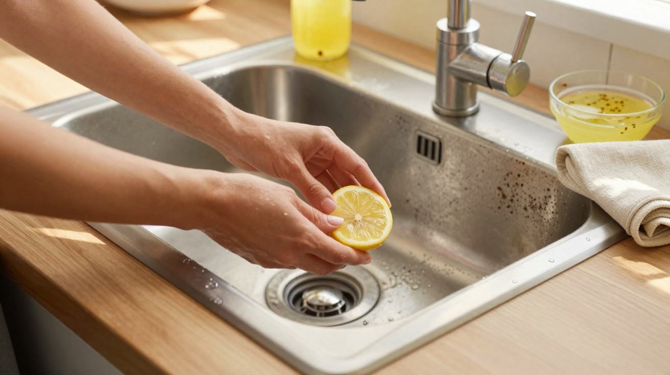 Mãos a espremer meio limão sobre uma pia de inox numa cozinha com bancada de madeira.