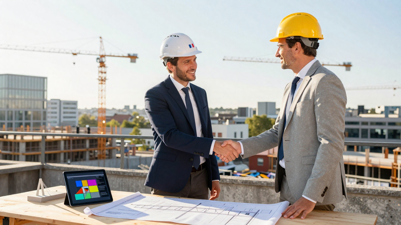 Dois engenheiros com capacetes apertando as mãos em obra com projetos numa mesa ao ar livre.