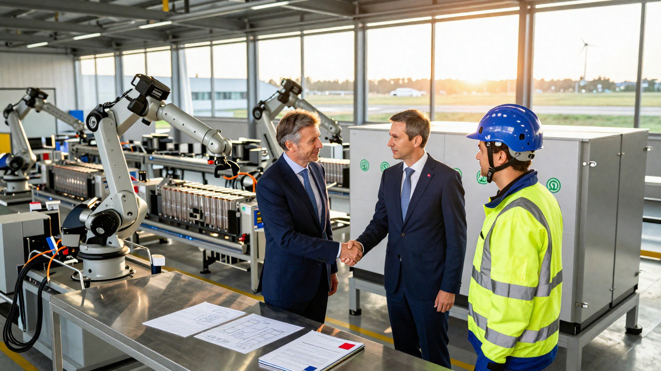 Dois homens de fato a apertar as mãos numa fábrica de automação industrial, com um trabalhador de capacete azul a observar.