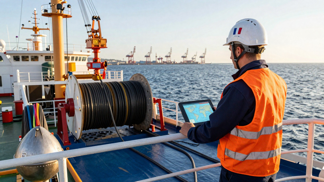 Homem com colete refletor e capacete usa tablet num barco perto do mar e porto com gruas ao fundo.