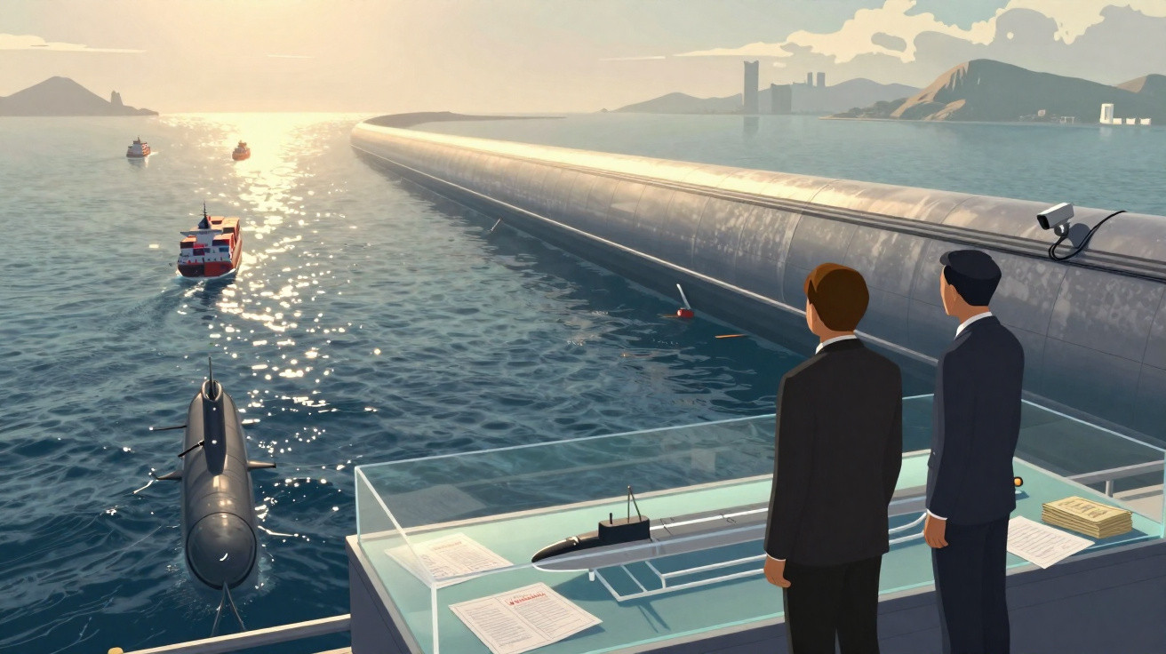 Dois homens observam um modelo de submarino numa plataforma junto a um enorme dique marítimo com barcos ao pôr do sol.