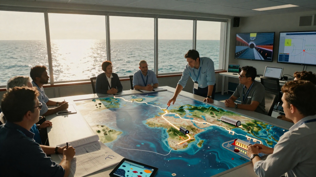 Equipa de profissionais em reunião à volta de mesa interativa com mapa e elementos digitais, vista para o mar ao fundo.