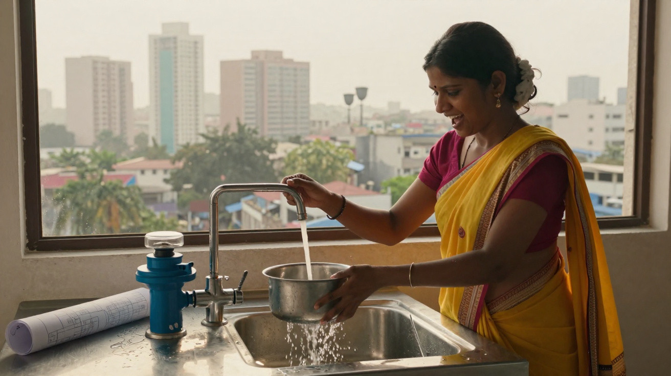Mulher com saree amarelo enche panela com água numa cozinha com janela e vista urbana ao fundo.