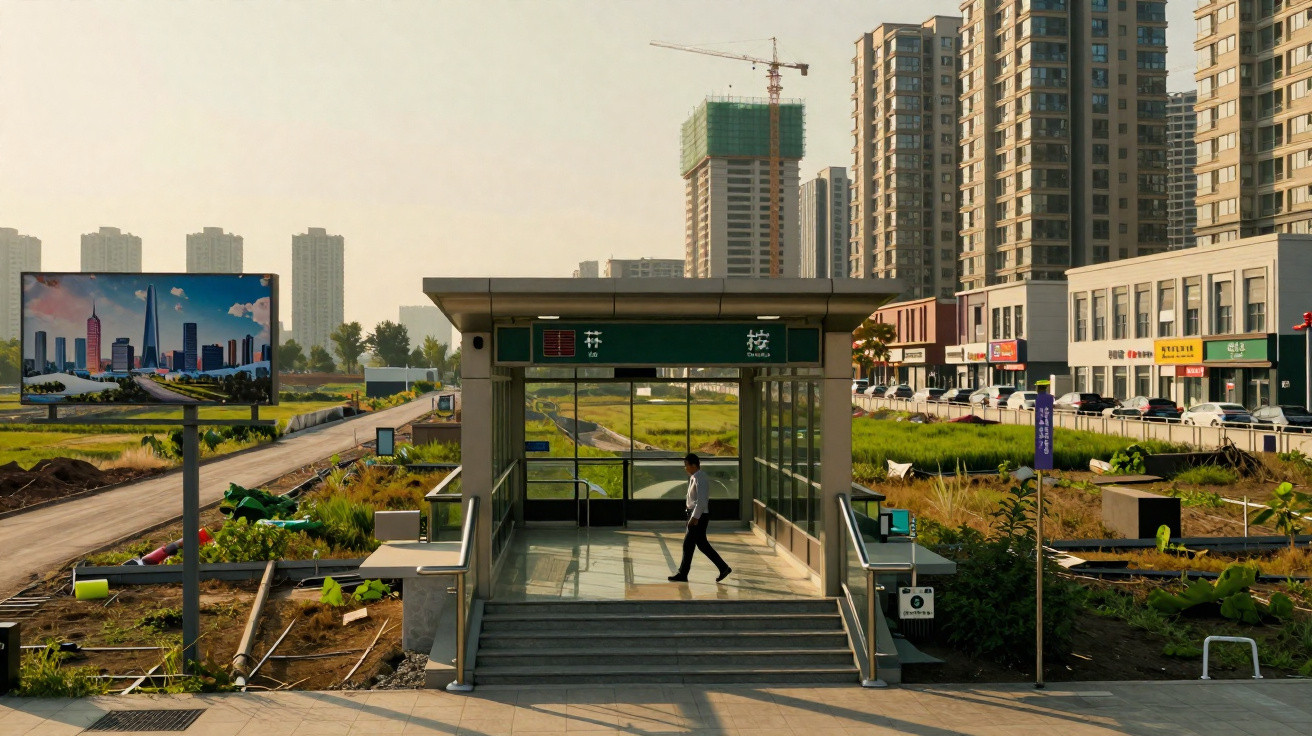 Entrada de metro em área urbana com edifícios residenciais altos e construção ao fundo, sob luz do pôr do sol.