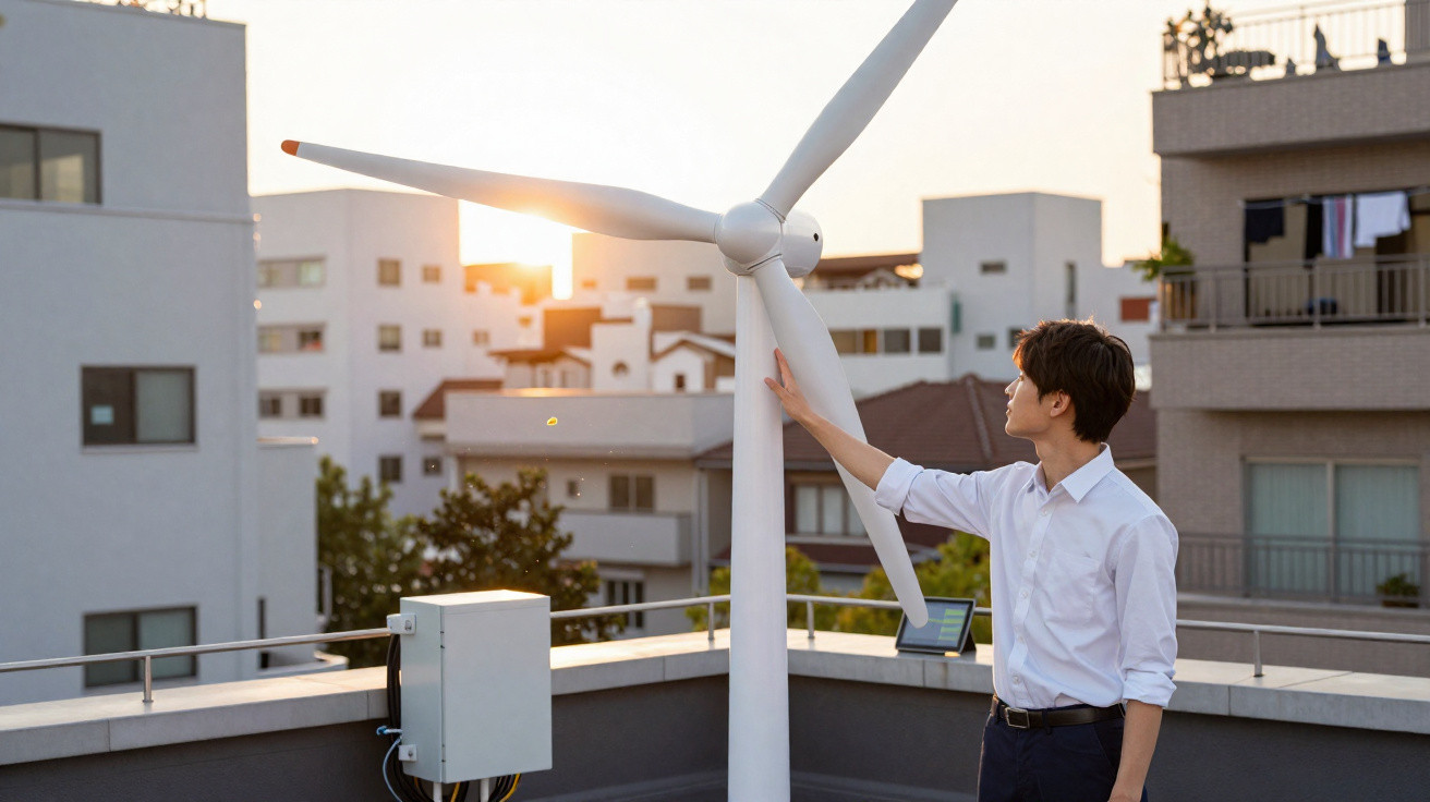 Jovem observa e toca em pequena turbina eólica numa varanda com edifícios ao fundo ao pôr do sol.