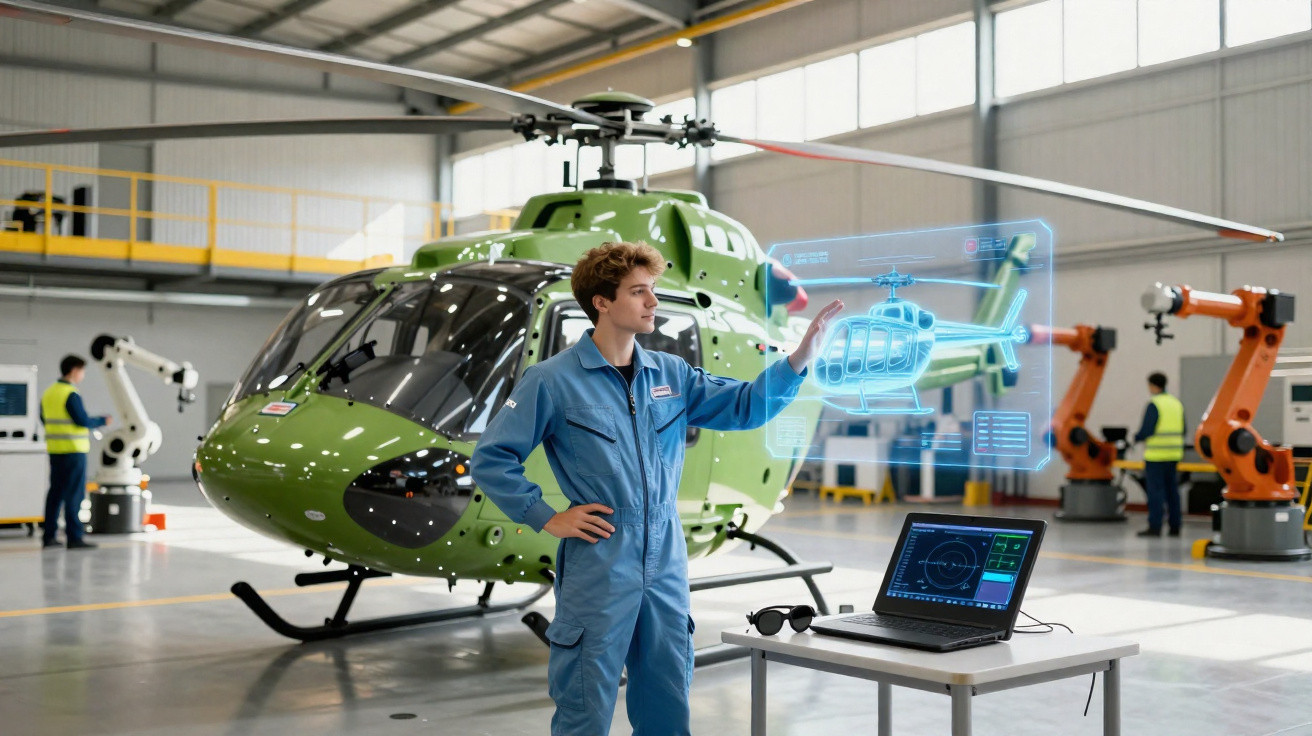 Homem com fato azul interage com holograma de helicóptero num hangar industrial com robôs e helicóptero verde.