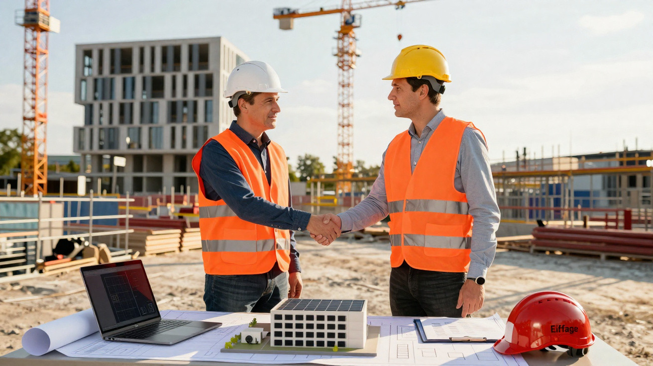 Dois engenheiros com capacetes e coletes laranja apertam as mãos numa obra com projeto e maquete.