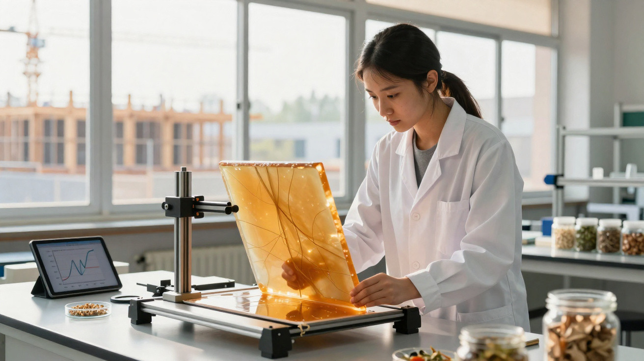 Cientista em bata branca analisa filme fotossensível num laboratório com vários frascos e um tablet.