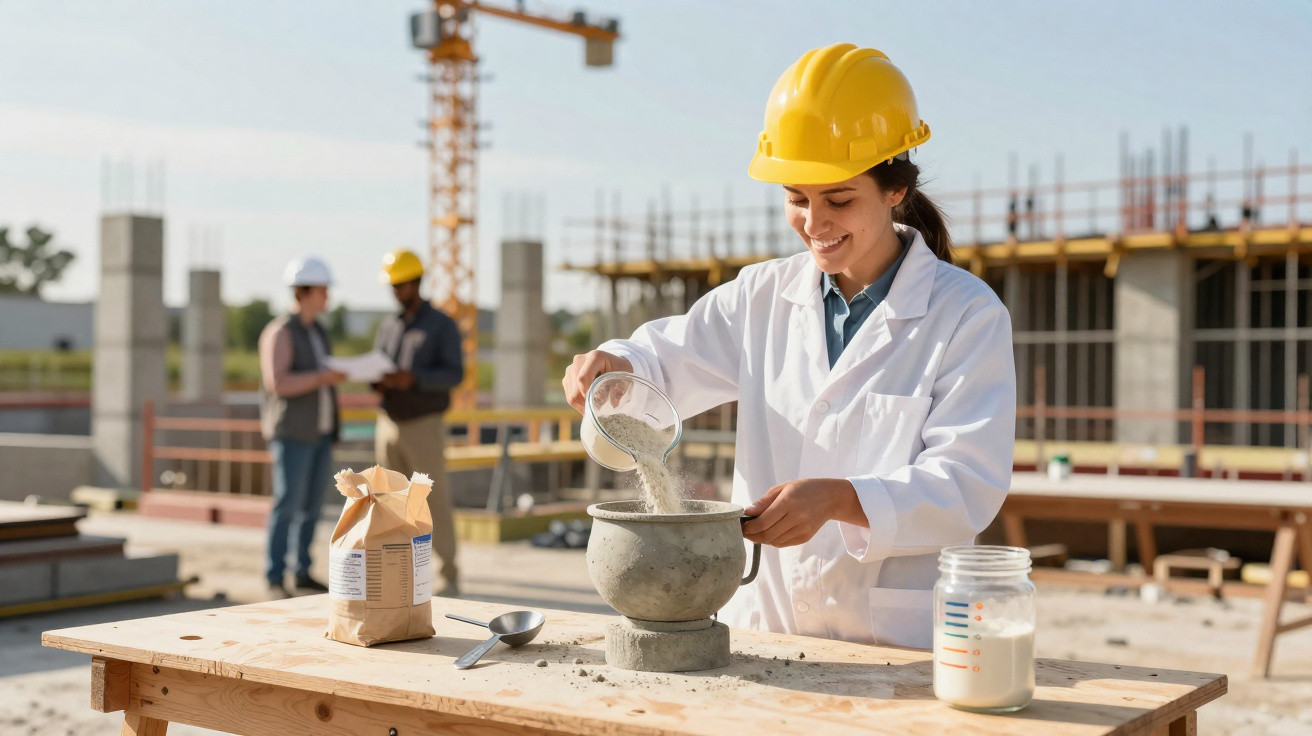 Mulher com capacete amarelo mistura cimento em almofariz numa obra com outros trabalhadores ao fundo.