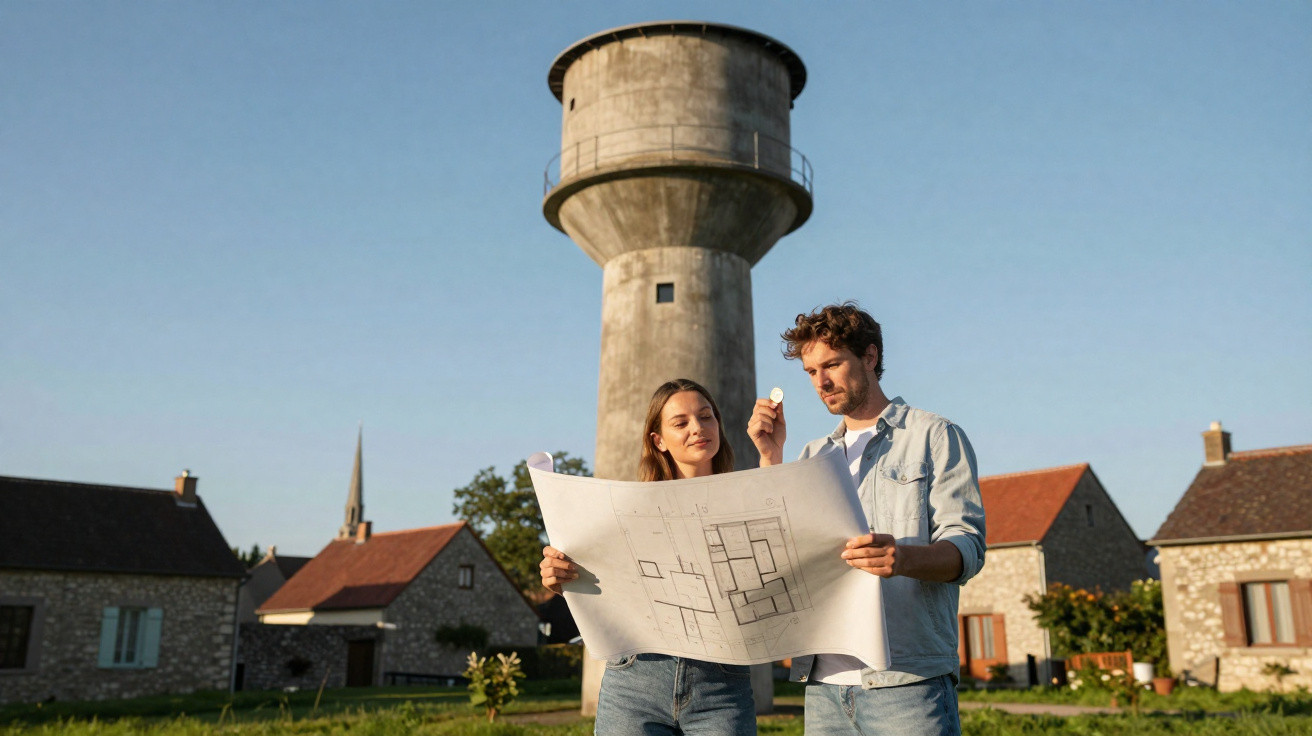 Casal jovem de olhos fechados a analisar planta de arquitetura em frente a torre de água em aldeia rural.