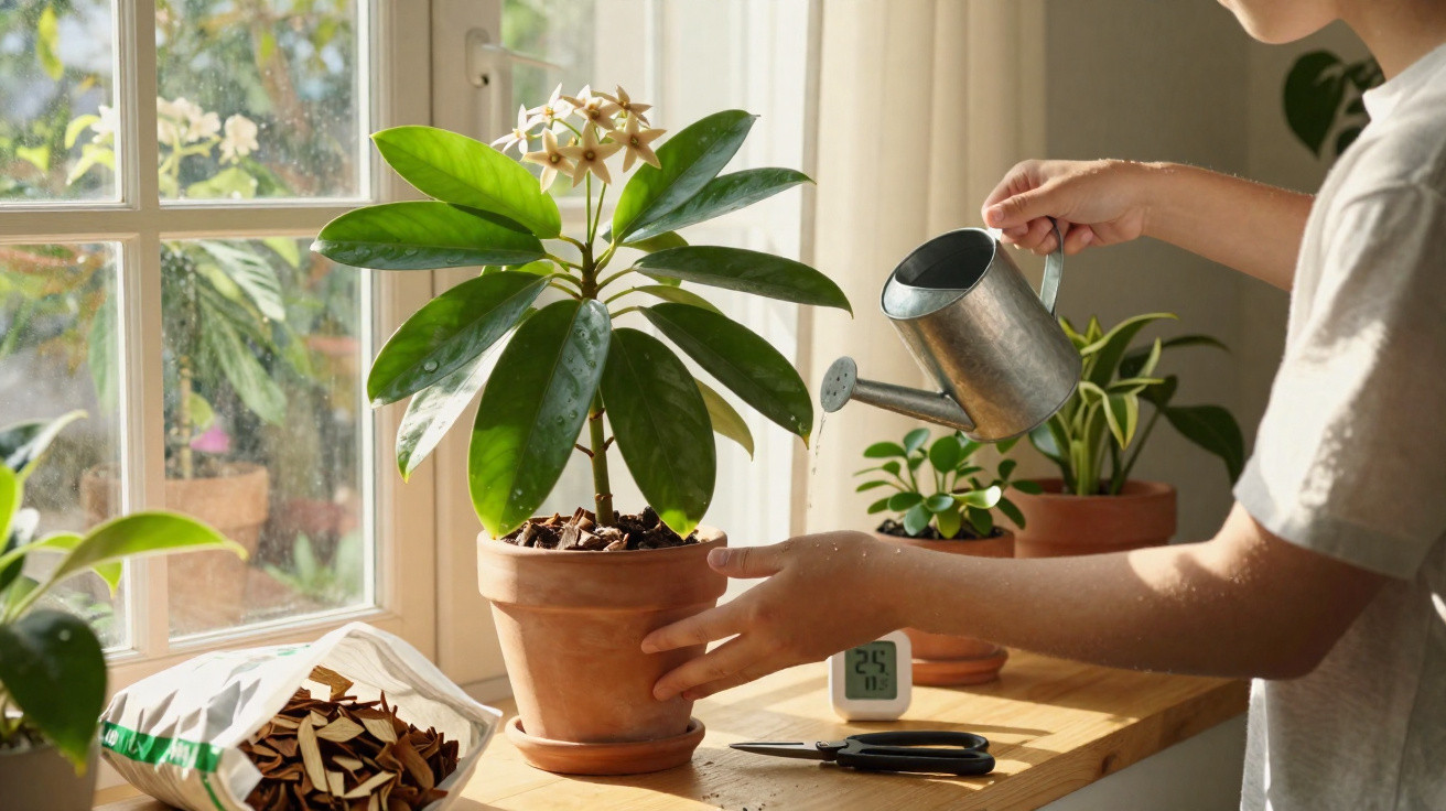 Pessoa a regar planta com flores brancas num vaso de barro junto a uma janela ensolarada.