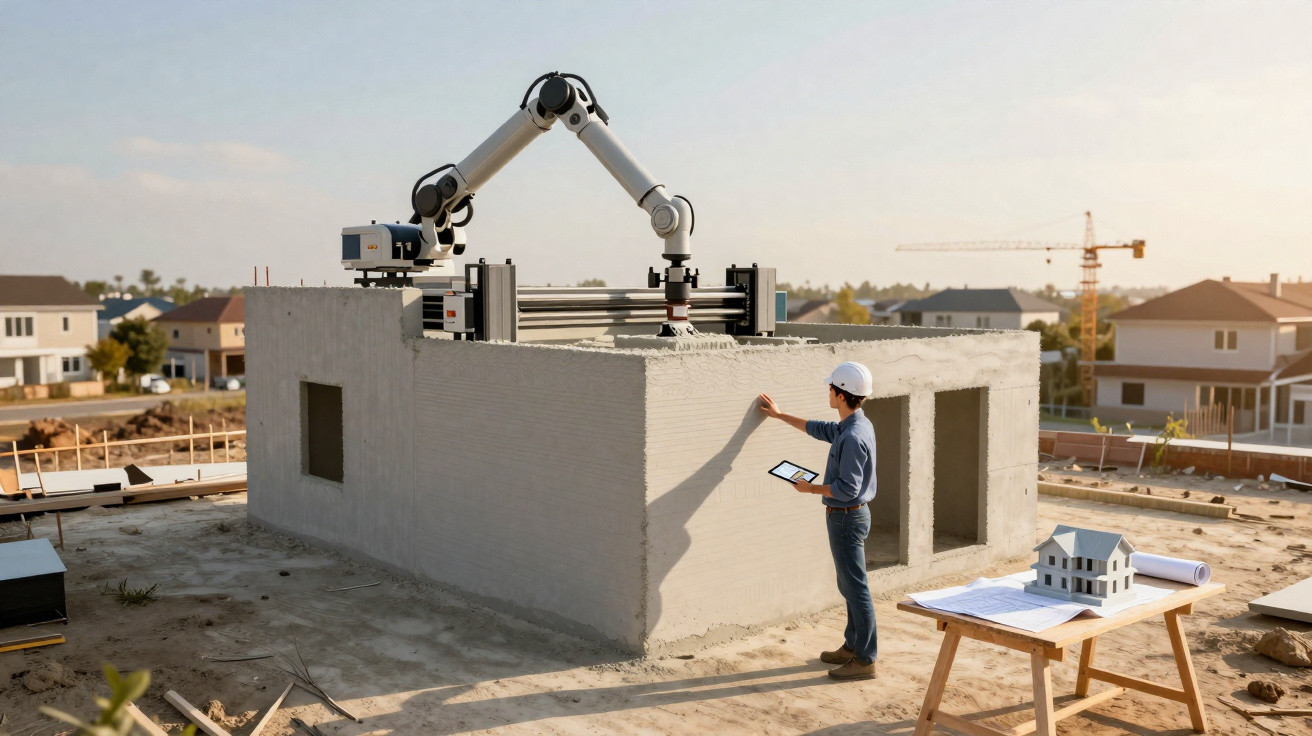 Robô amarelo a construir casa de blocos com engenheiro a controlar no local de obra.