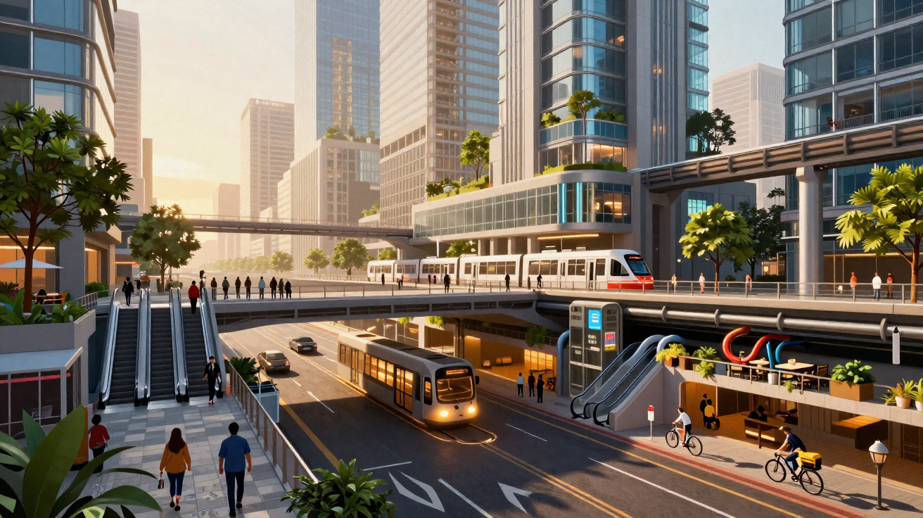 Cidade futurista com comboios modernos, ciclistas, peões e arranha-céus com vegetação urbana ao pôr-do-sol.