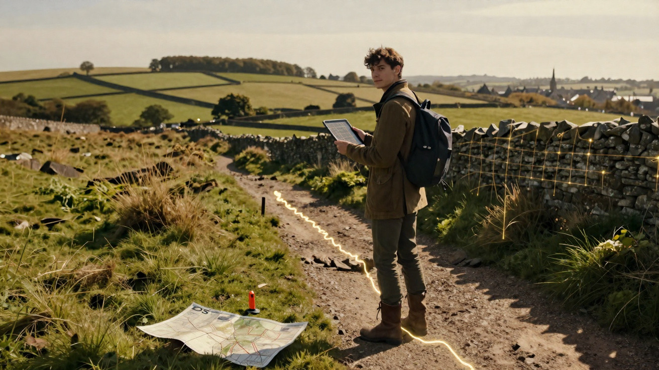 Jovem com mochila a segurar tablet numa trilha rural, com mapa estendido e paisagem campestre ao fundo.