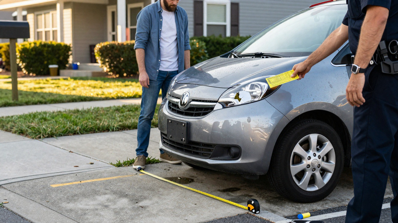 Homem mede a distância entre o carro estacionado e a calçada com fita métrica e tem um papel amarelo no capô.