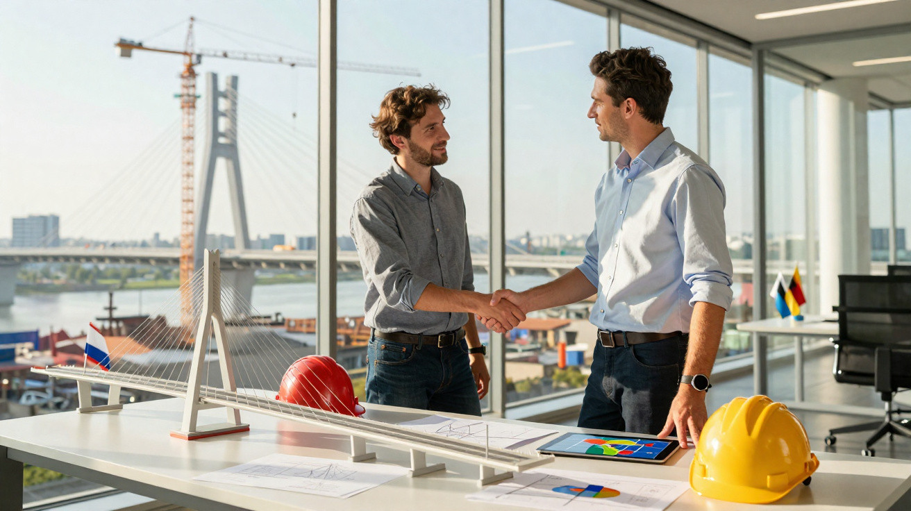 Dois engenheiros a cumprimentarem-se numa sala com vista para uma ponte, com capacetes e maquetes na mesa.