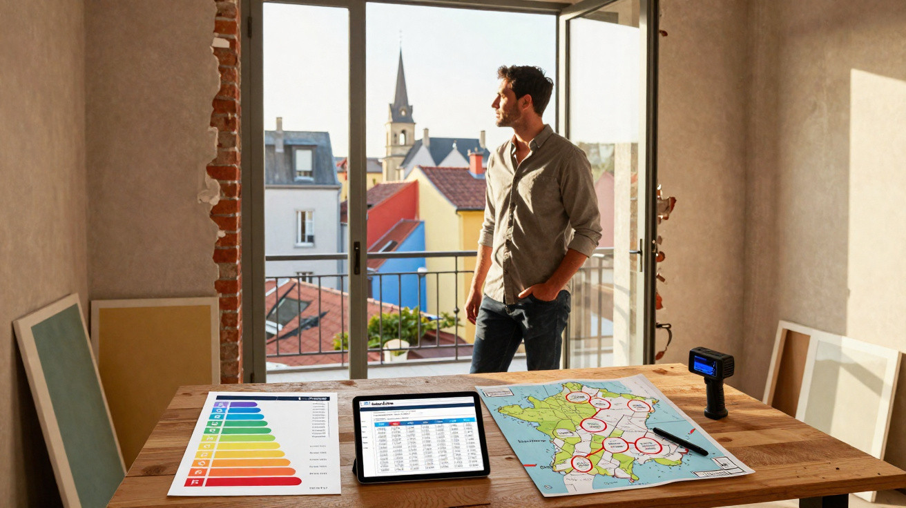 Homem a analisar mapas e gráficos numa mesa de madeira numa sala com janela e paredes iluminadas.